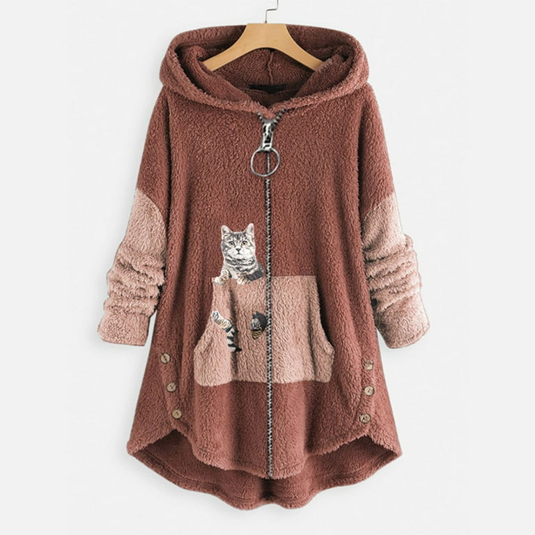 Cat Hoodie with Ears Fleece Jacket Women Cat Ear Cap Plush Tops Fashion Animal Print Loose Plus Size Zipper Long Sleeve Pullover Sweaters Warm