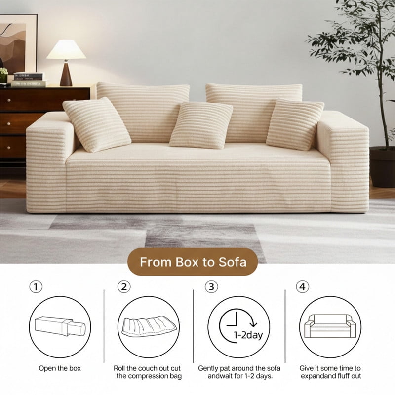 3-Seater Boneless Corduroy Upholstered Armrest Sofa, No Assembly Floor Couch, Memory Foam Large Loveseat with Throw Pillow