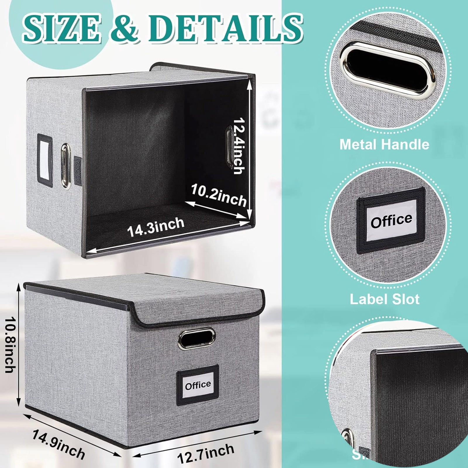 Sylvtty File Storage Box with Lid Hanging Office Document Organizer Metal Handle Legal Letter Size Foldable File Storage Bin