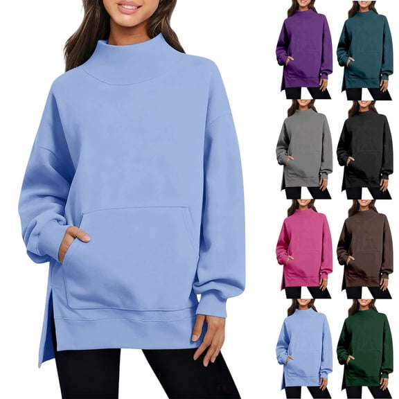 Oksale Long Sweatshirts for Women to Wear with Leggings Oversized Trendy Side Slit Mock Neck Sweatshirt Pullover with Pocket Loose Long Sleeve Tops Black M