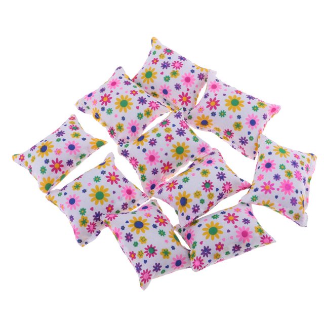 10pcs Casa de Cojines Florales en Miniatura Almohada Sofá Dormitorio para 1/6 Accesorio de Muñeca Macarena Dollhouse Miniature Cushions