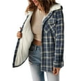 thumbnail image 2 of Women's Plaid Jacket Long Sleeve Button Down Fleece Hooded Jackets Warm Coat Blue Checkered M, 2 of 7