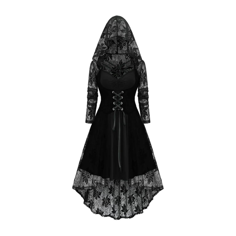 QATAINLAV Women's Gothic Hooded Dresses Lace-Up Front Long Sleeve Flowy Hem  Midi Dress Ladies Halloween Witch Costumes,Black,XL - Walmart.com