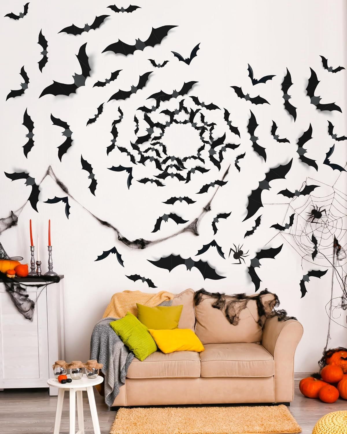 120 PCS 3D Halloween Bat Decorations, 5 Sizes PVC Wall Stickers with Double Sided Adhesive, Waterproof Spooky Bat Decals for Indoor Outdoor Halloween Party Window Door Wall Decor