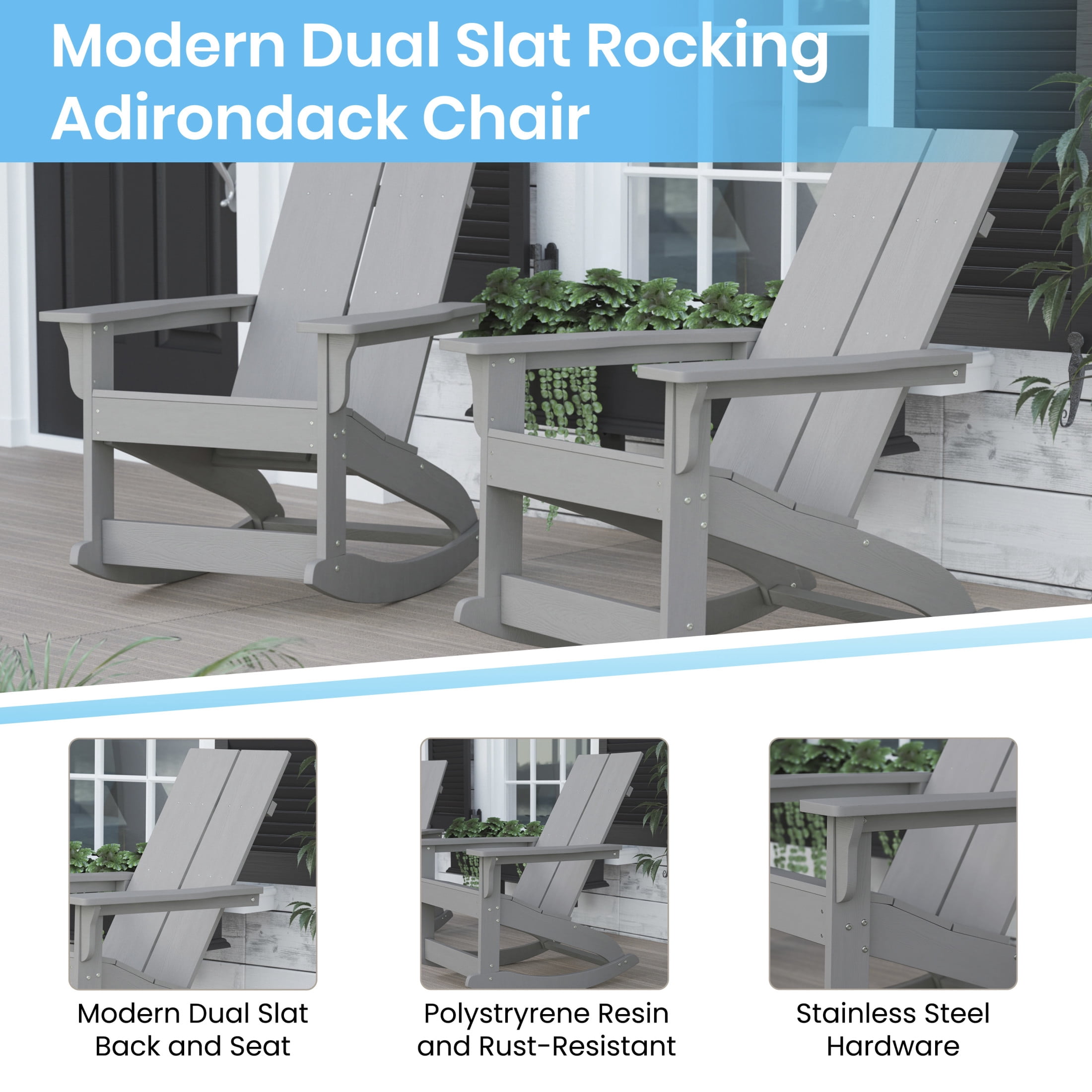 Flash Furniture Finn Poly Resin Rocking Adirondack Chair - Gray