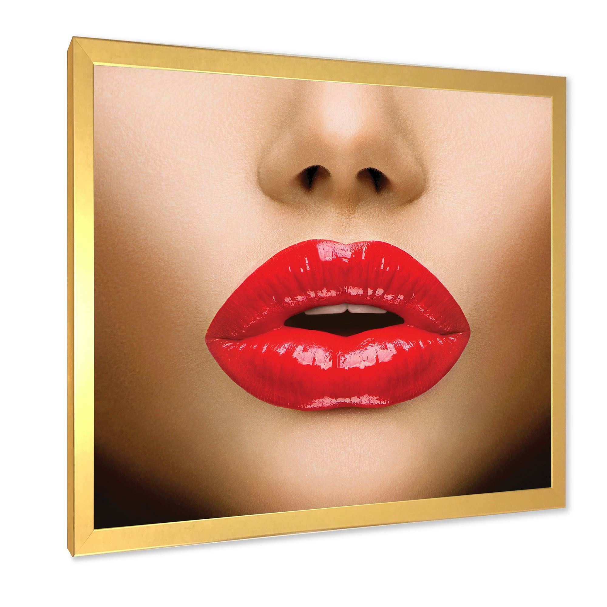 Designart 'Sexy Woman Lips Beautiful Make-Up Close-Up Kiss' Modern Framed Art Print