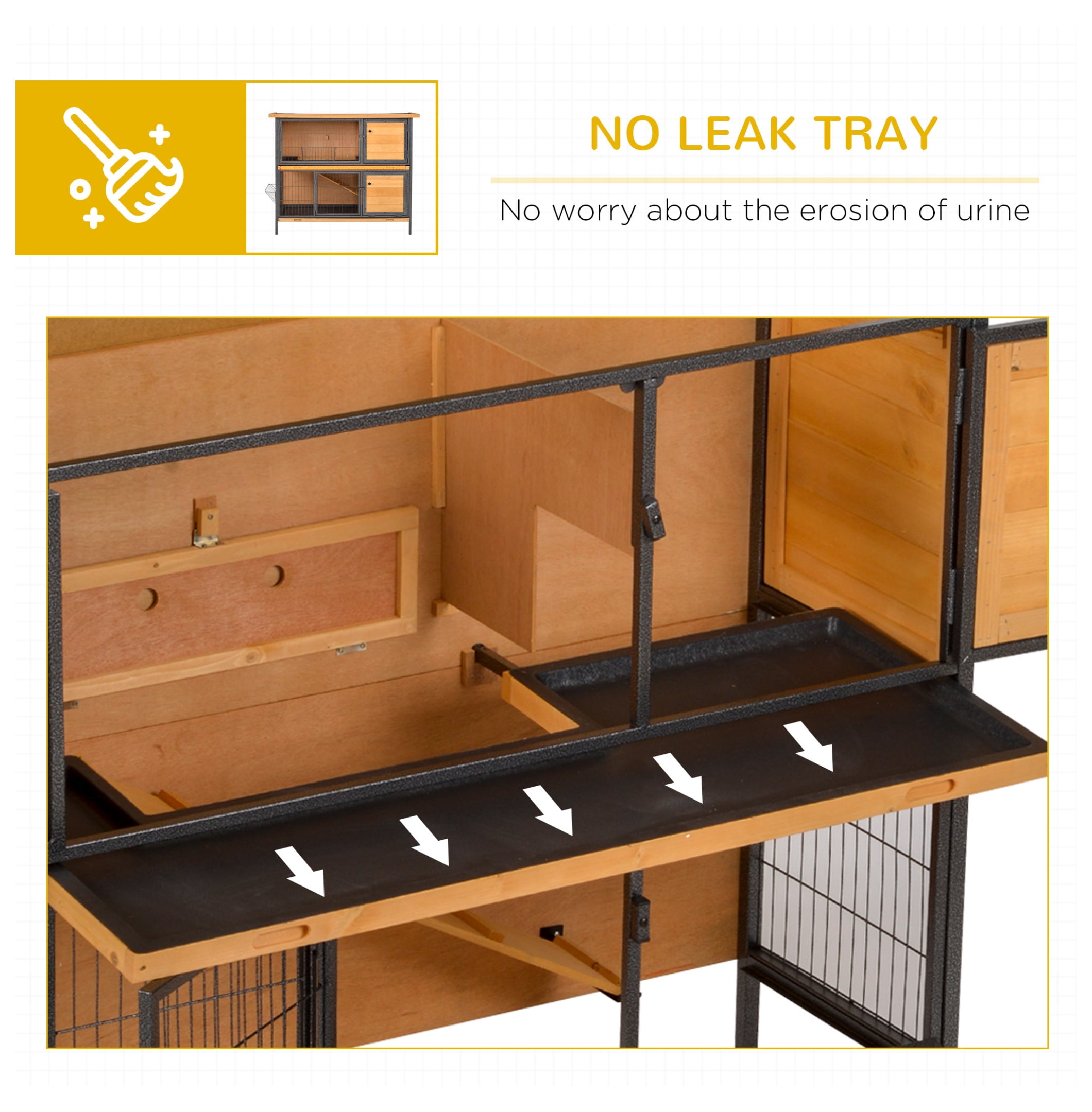 " 2-Story Large Rabbit Hutch Bunny Cage Wooden Pet House Metal Frame with Individual Room, Ramp, No Leak Tray, Feeding Trough, Waterproof Asphalt Roof for Outdoor/Indoor
