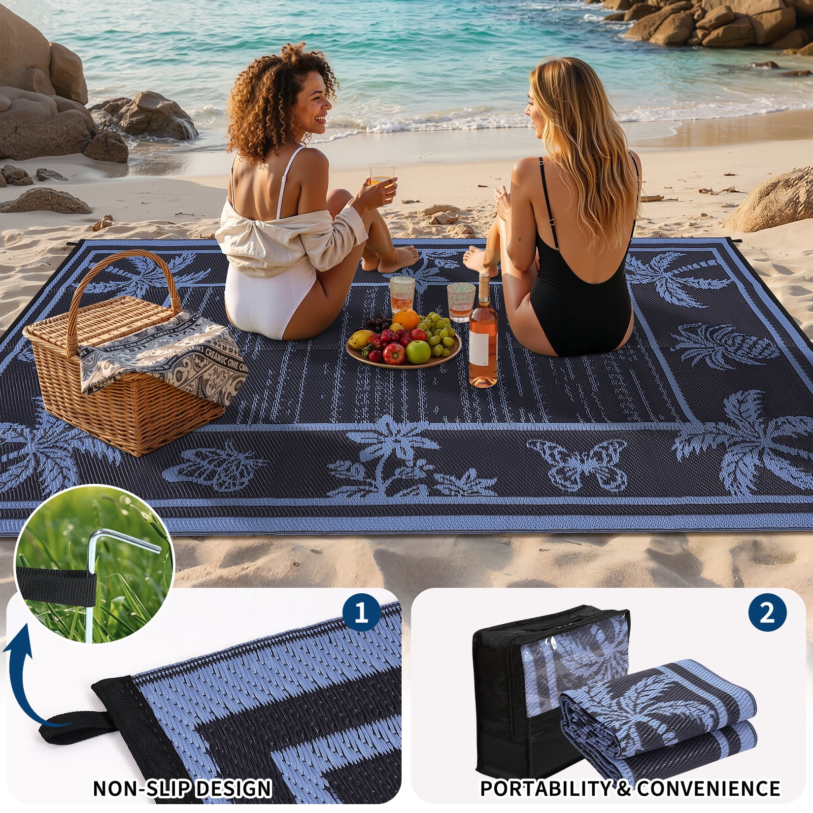 Garvee Outdoor Rug 8x10ft Waterproof Reversible Foldable Plastic Straw Rug, Tropical Leaf Border Outdoor Mat for Patio, Camping, RV, Deck, Porch, Balcony, Blue