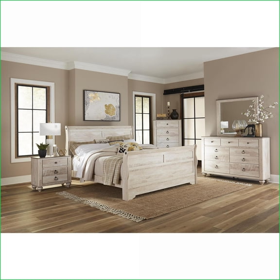 Bedroom Set 6-Piece with King Sleigh Bed, Dresser, Mirror, 2 Nightstands, Chest | White Wash Solid Wood | Sleigh Beds | Wood