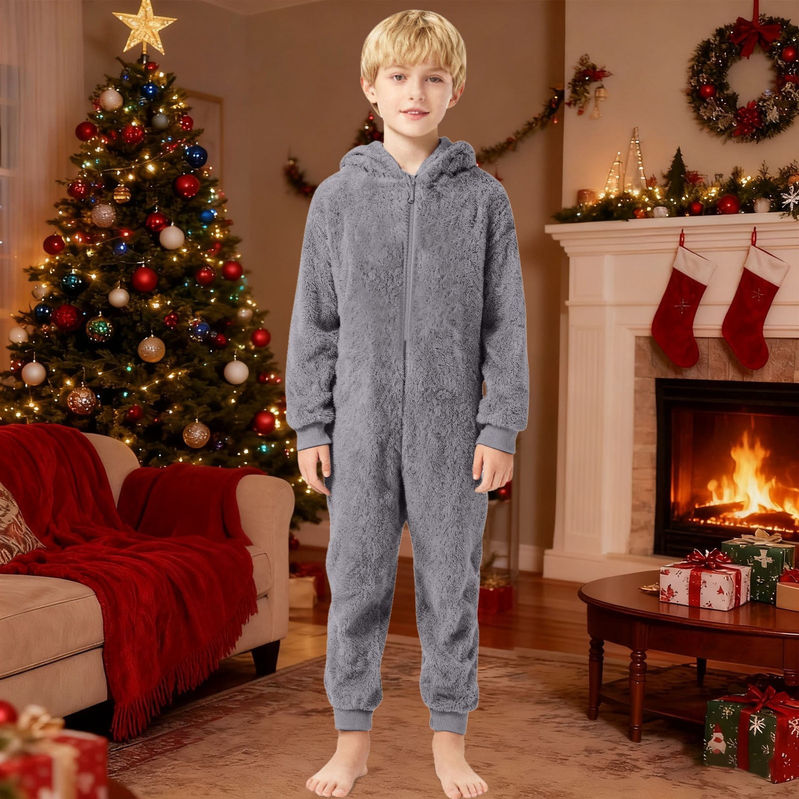 WOYY Onesies for Boys Girls Hooded Jumpsuit Winter Warm Romper One-Piece, Sizes 7-8