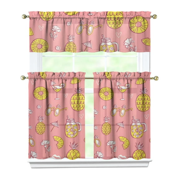Kitchen Curtains 36 Inch Short - 3 Panel Set Pineapple Print, Rod Pocket Window Curtains 100% Polyester, Tropical Fruit Valance for Farmhouse, Cafe, Living Room, Bedroom, Easy Wash