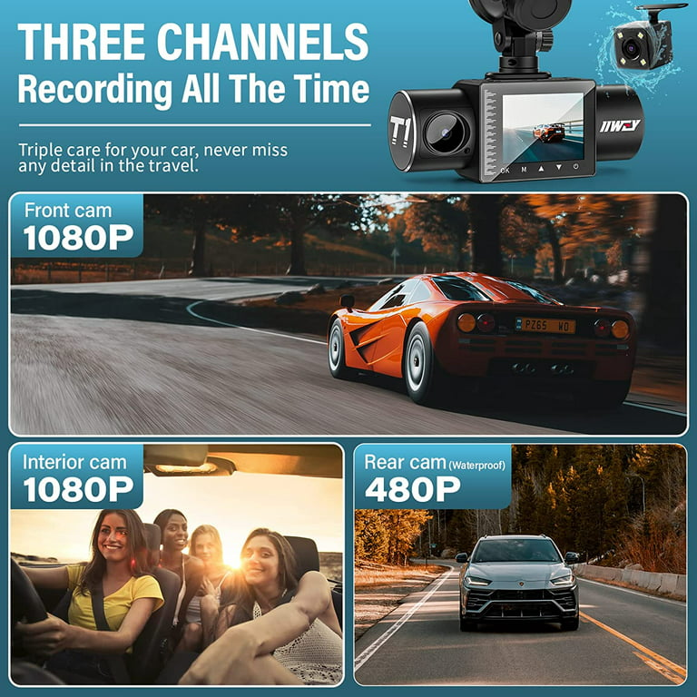Dash Cam, 3 Channel Dash Cam, 1080P Front and Inside, Triple Dash Camera  with 32GB Card, HDR, G-Sensor, 24Hr Parking, Loop Recording