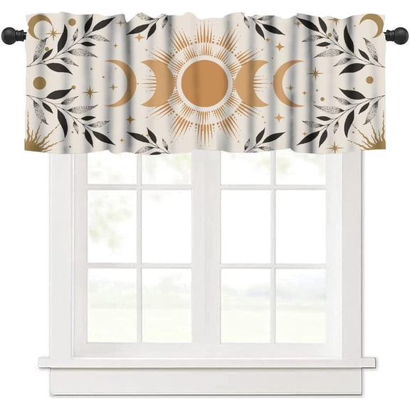 Boho Moon Phase Valance, Boho Mystic Celestial Sun Moon Star Magic Lunar Cycles Blackout Short Window Drape for Living Room Bedroom Kitchen 54x18inch