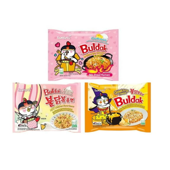 Samyang Buldak Ramen, Korean Hot and Spicy Chicken Stir-Fried Ramen Noodle 3 Flavor Variety Pack, 1 Pack Each Carbonara, Cream Carbonara, Quatrro Cheese 3 Mixed Flavors