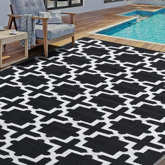 GAOMON 6x9ft Area Rugs Black & White, Waterproof Outdoor Plastic Straw Rug, Reversible, UV-Resistant, Large Portable Mat for Camping, Patio, Deck, Porch, RV, Picnic, Balcony, Beach