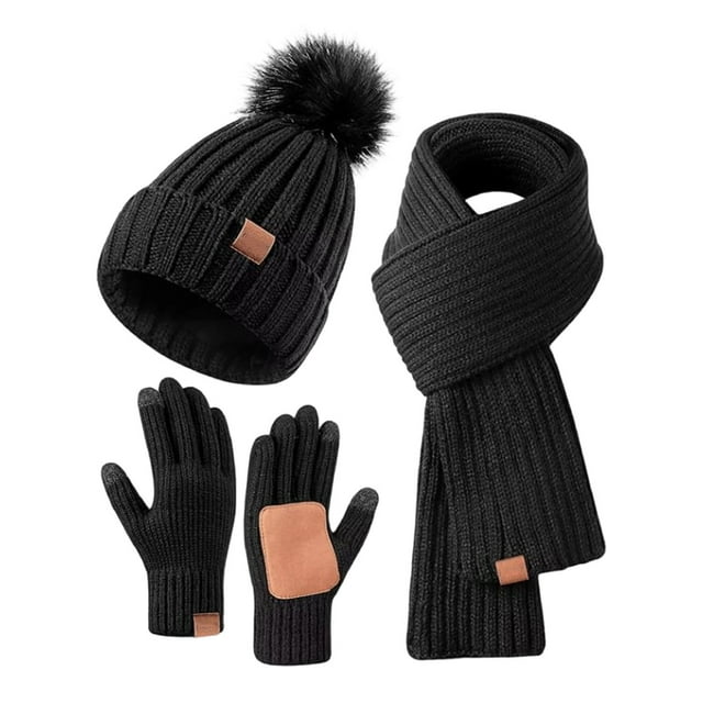 MIASHUI Winter Hat, Scarf, and Gloves Three-Piece Set, Unisex Outdoor Thick Cold Protection Scarf, Plush Ear Protection Scarf Black