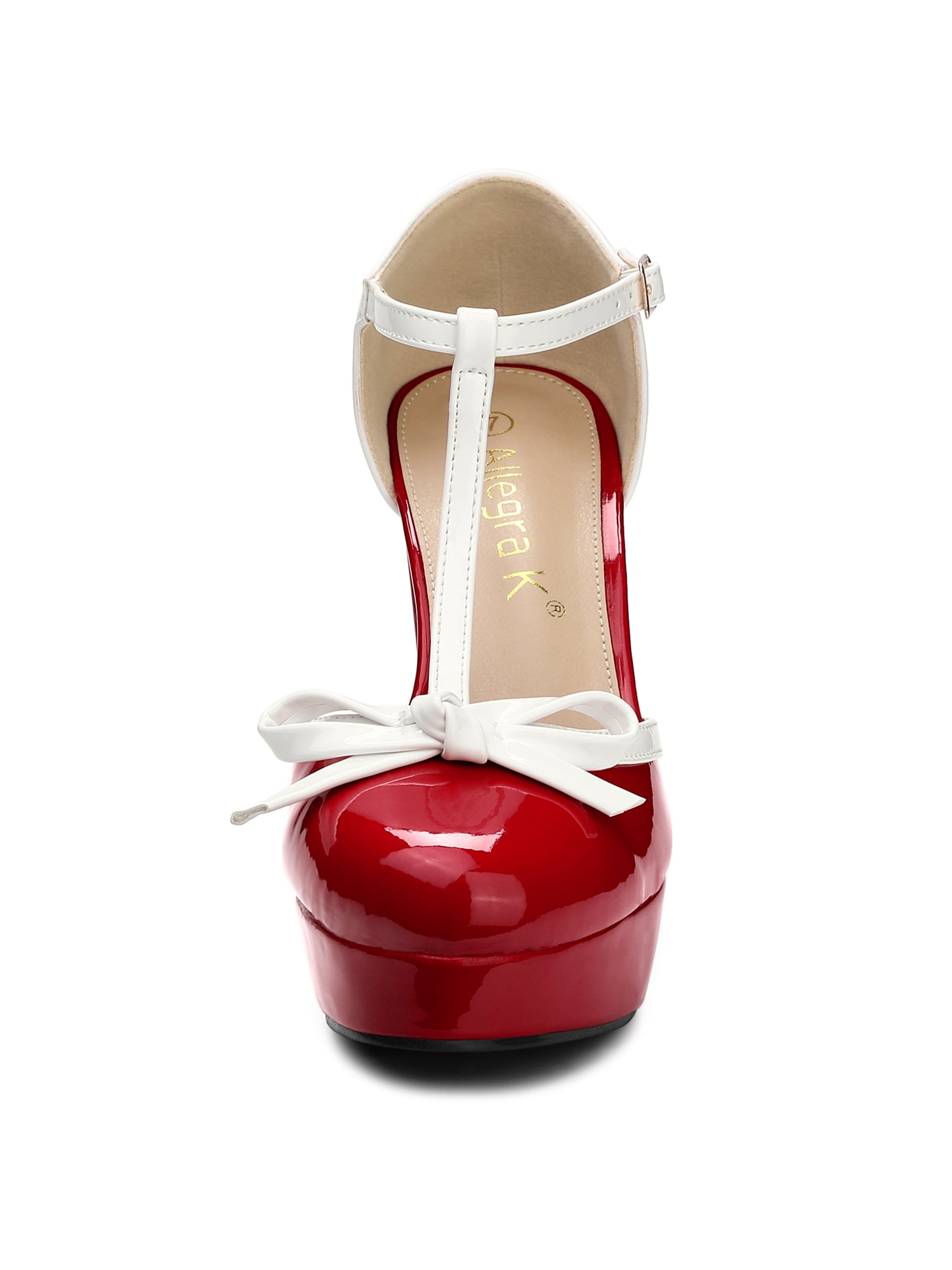 DARING DIVA Women's Platform Bow T Strap Chunky Heels Pumps Red 10