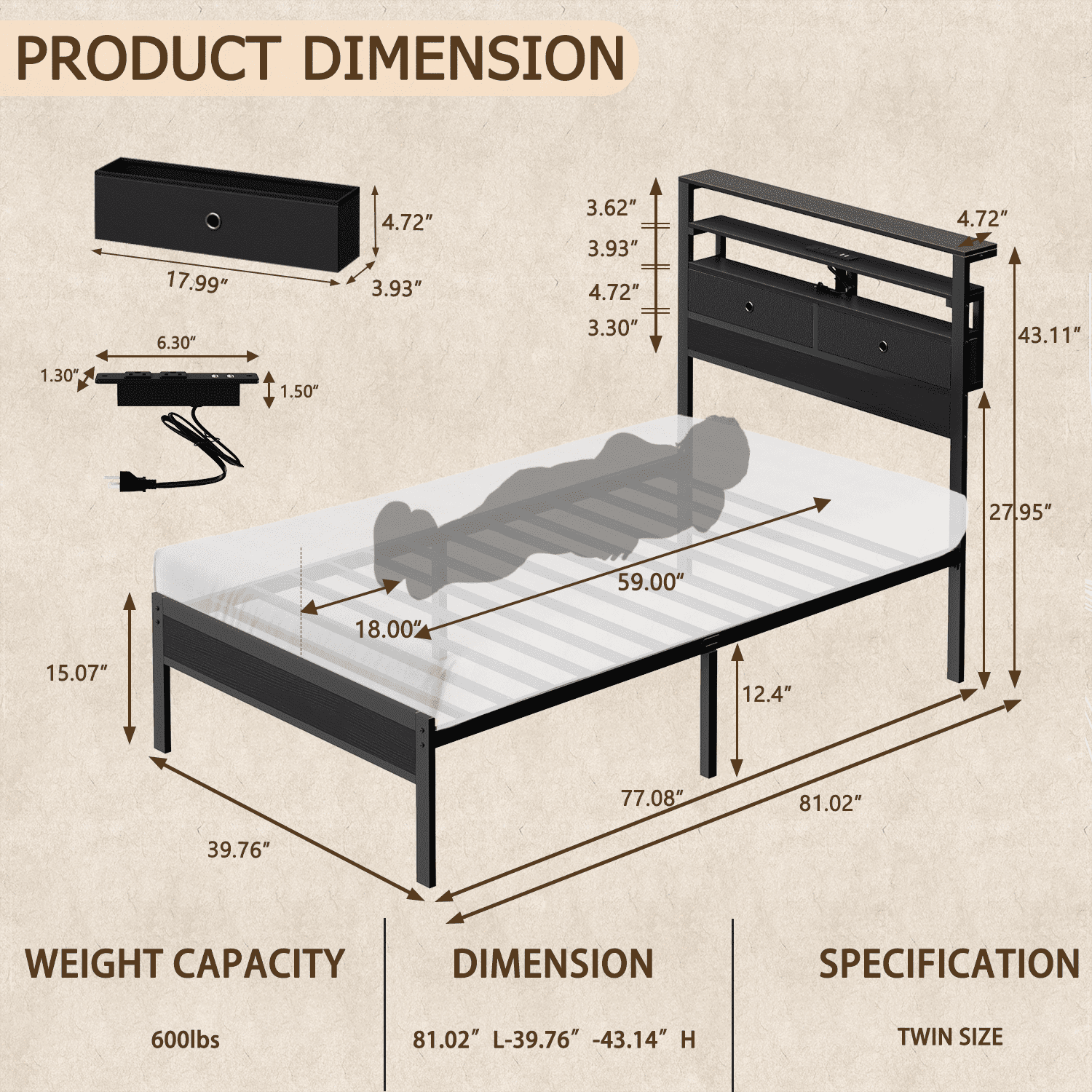 Satifur Twin Size Bed Frame with 2 Storage Drawers Headboard, LED & Charging Station, Black Oak