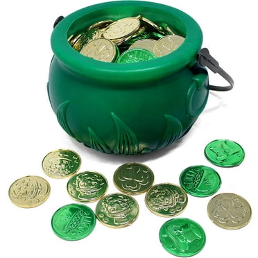 HeaCare 208 St Patrick’s Day Lucky Leprechaun Plastic Coins and 1 Large Green Cauldron with Handle Saint Patricks Pot of Gold Party Supplies, St Patricks Day Accessories