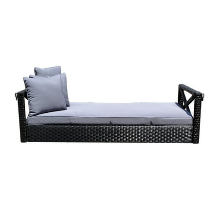 Round Wicker Porch Swing Bed Style 23 Black 78'' Patio Porch Swing Bed Chair Resin Wicker Tree Ceiling Hanger Hanging W/Chains ()