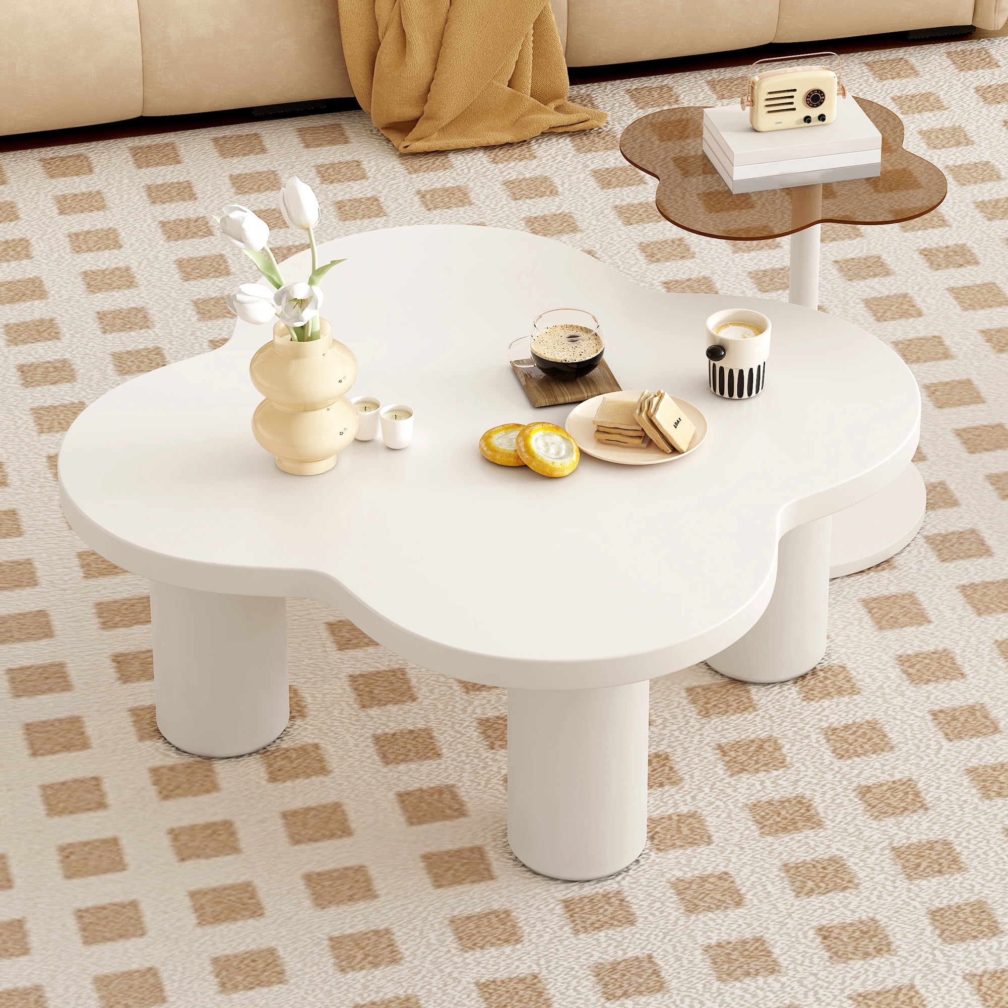 Euroco Modern Petal-Shaped Nesting Coffee Table Set with Glass & Solid Surface Tops