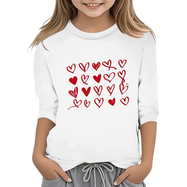 MEZZALL T-Shirt Décontracté à Manches 3/4 pour Filles avec Imprimé Cœur, Col Rond, Mode, Blanc, 13-14 Ans