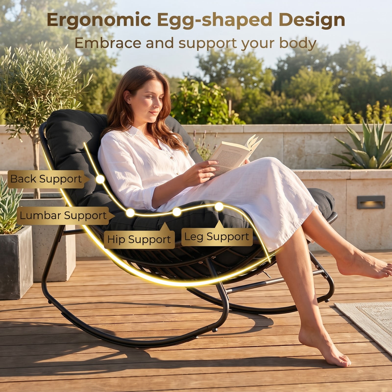 Furnibear Outdoor Papasan Rocking Chair, Egg-Shaped PE Rattan Wicker Glider Rocker with Thick Removable Cushion and Non-Slip Pads for Patio Porch Backyard, 400, Black