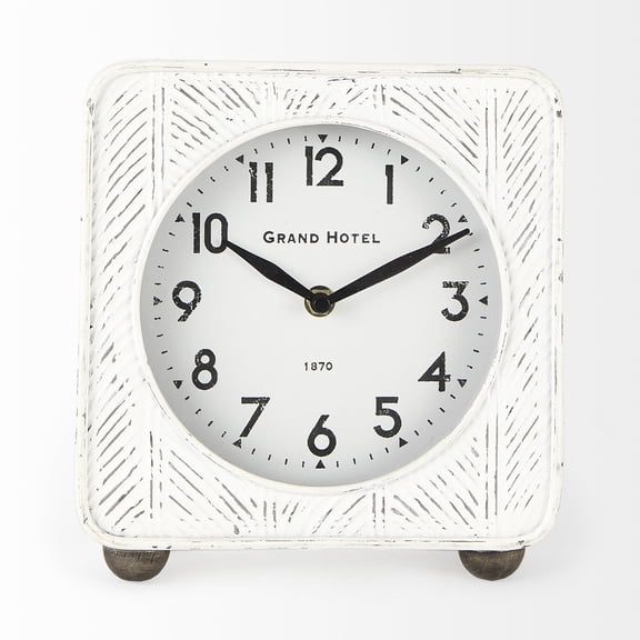 Mercana Karl 8.0L X 2.8W X 8.8H Rustic White Iron Rounded Square Table Clock