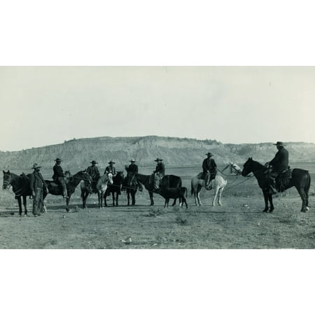 Calf Brandy - Montana Cowboys Cowboys & Branding On The Range This Image Has Eight Cowboys With Chaps Cowboy Hats Ropes Etc Lassoing A Calf To Brand Poster Print by FJHaynes