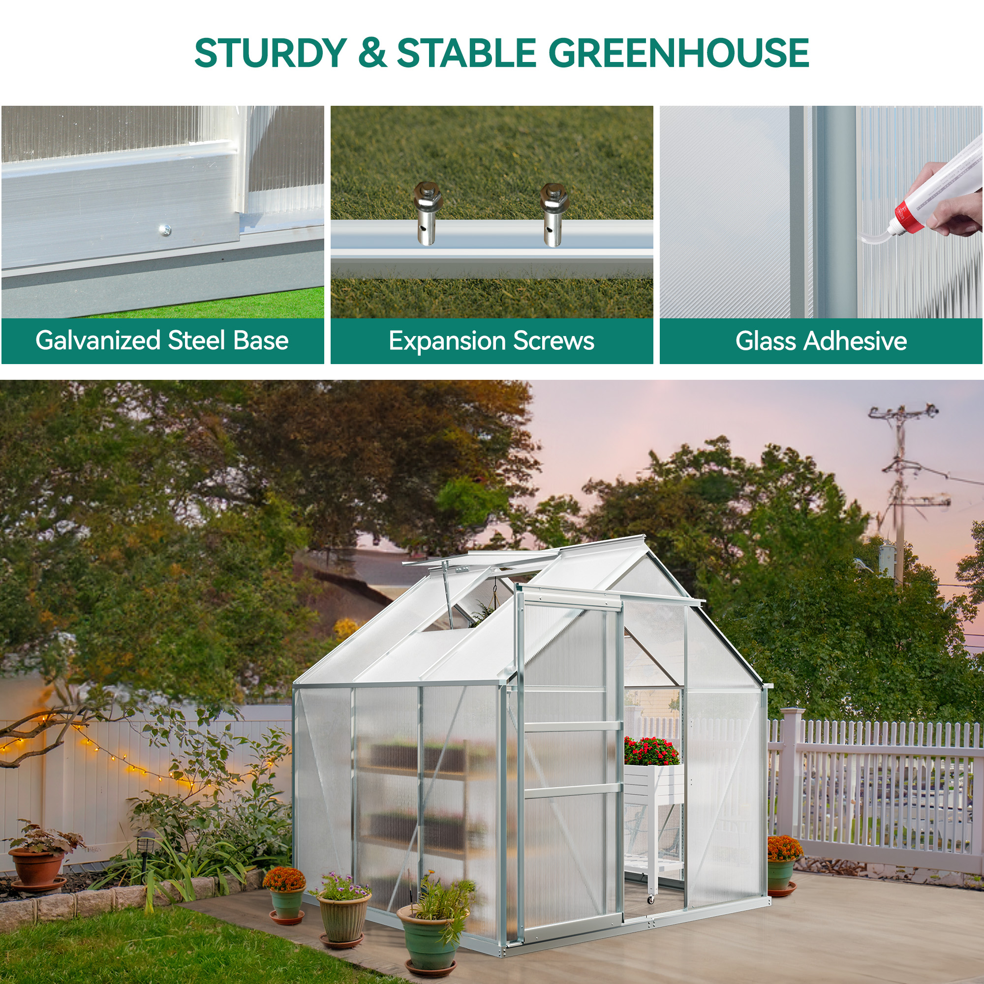 Dextrus 6x6FT Polycarbonate Greenhouse Heavy Duty Green Houses Outdoor Aluminum Greenhouses with Sliding Doors Vent Window Premium Walk-in Greenhouse Large Sun House for Garden Backyard, Matte Sliver - image 3 of 10