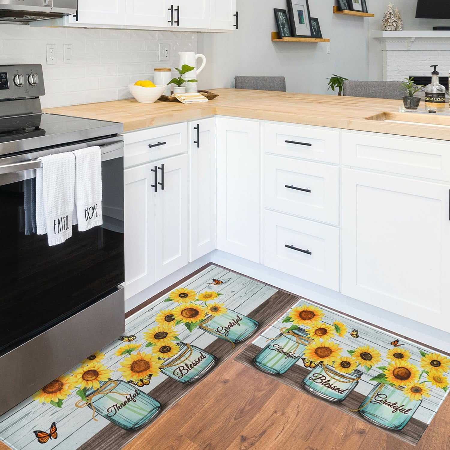 Sunflower Kitchen Mats for Floor, Flower Butterfly Sunflowers Kitchen