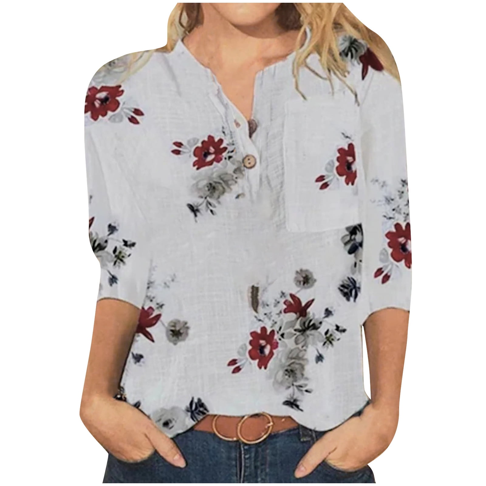 hgsbede Fashion 3/4 Sleeve Women Floral Print Mid-Length Sleeves Stand ...