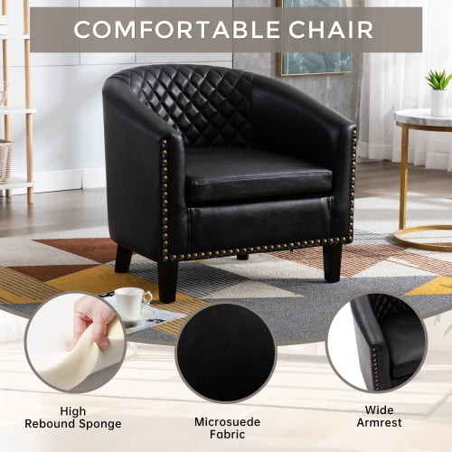 Villeston PU Leather Barrel Club Chair with Nailheads Armchair for Living Room, Bedroom, Waiting Room - Black