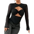 thumbnail image 5 of hirigin Women Crop Long Sleeve Shirt Casual Solid Color Cutout See-through Mesh Basic Tops Streetwear Clubwear, 5 of 8