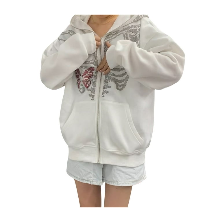 Y2k Skeleton Full Zip Up Hoodies Over Face Women Men Rhinestone