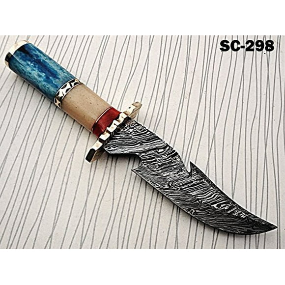 Damascus steel 11.5" Long Bowie Knife hand forged fire pattern, Colored camel bone with sngraved brass scale, thick Cow hide leather sheath