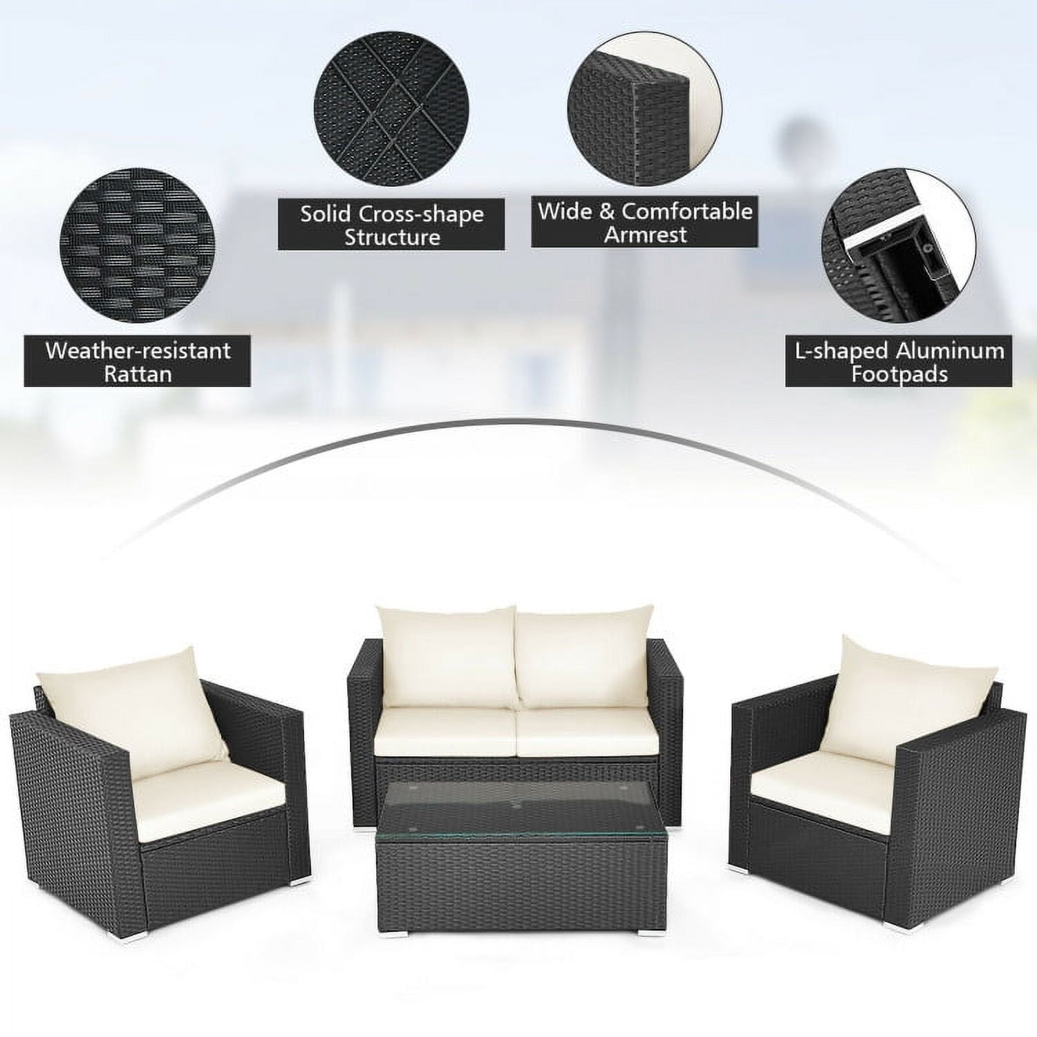 Aimee Lii 4 Pieces Patio Rattan Conversation Set, Small Patio Set with Padded Cushion and Tempered Glass Coffee Table, White Aimee Lii 4 Pieces Patio Rattan Conversation Set, Small Patio Set with Padded Cushion and Tempered Glass Coffee Table, White