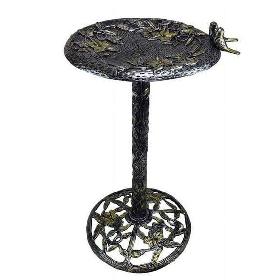 Oakland Living 34 in. Handmade Solid Heavy Tall Black & Gold Cast Aluminum High Quality Metal Bird Bath with Twin Singing Birds, Antique Silver