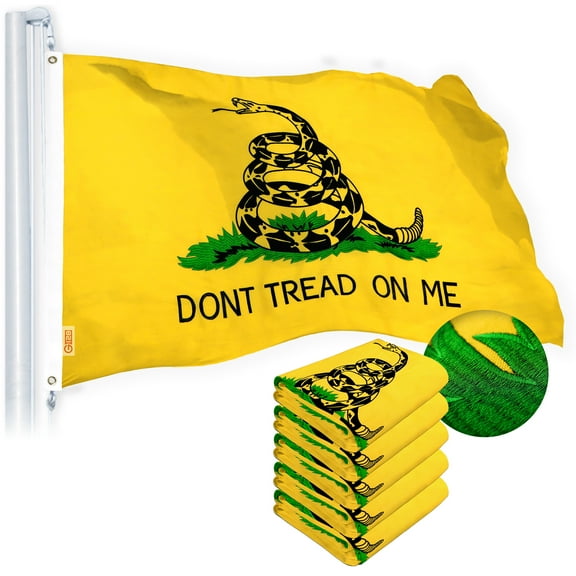 G128 Dont Tread on Me (Gadsden) Flag 4x6 feet 5-Pack Heavy Duty Spun Polyester 220GSM Embroidered – Tough, Durable, Indoor/Outdoor, Vibrant Colors, Brass Grommets