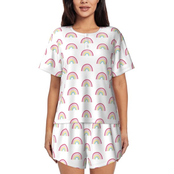 Balery Rainbow Conjunto de Pijama para Mujer con Estampado, Dos Piezas de Manga Corta y Shorts, Ropa de Dormir Suave con Cuello Redondo y Bolsillos-Small