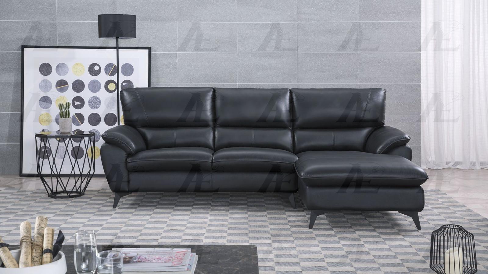 Modern Black Genuine Leather Sectional Right Chaise American Eagle EKL153BK