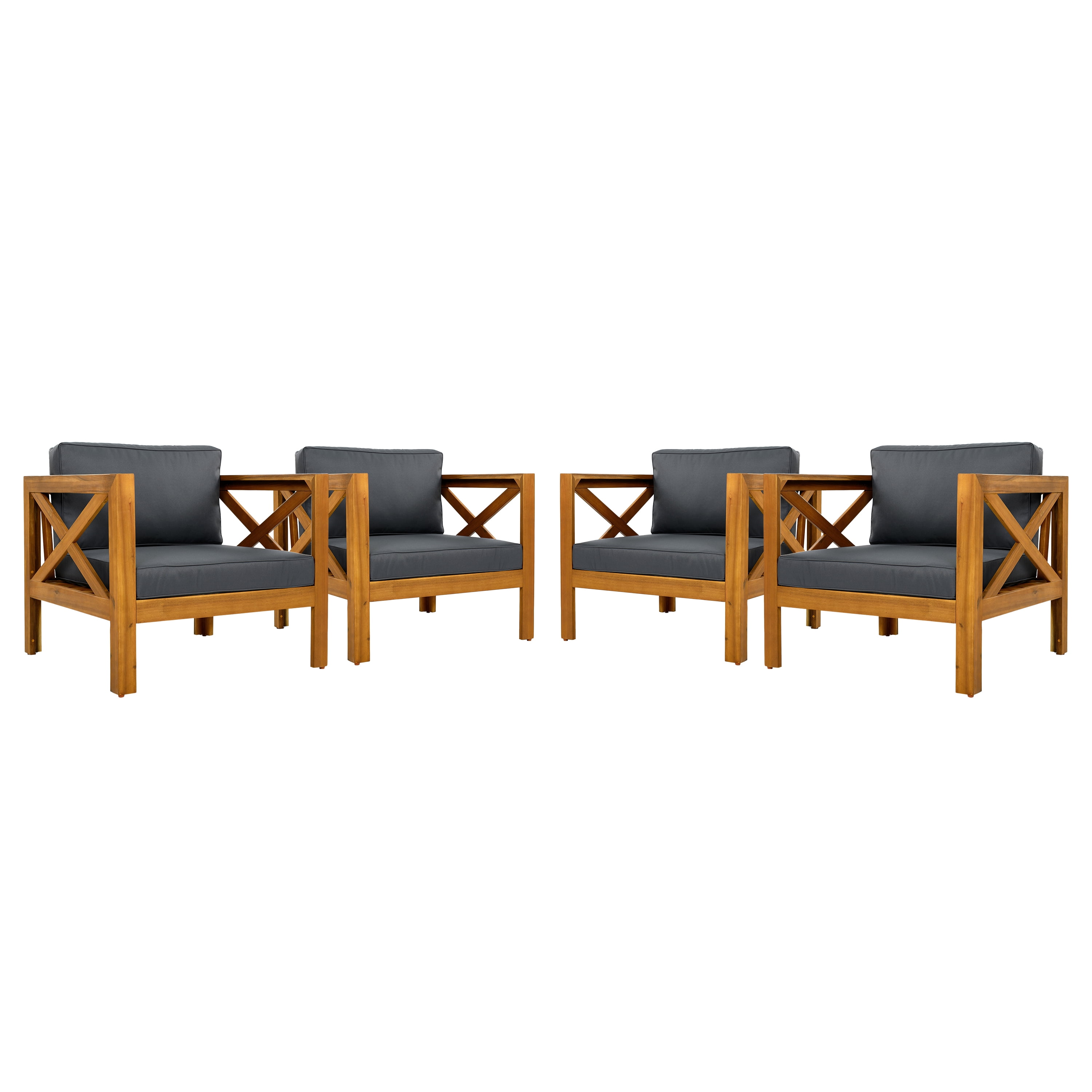 Wooden Armchair Set of 2, Outdoor Acacia Wood Club Chair with Cushions for Patio Garden, Teak and Dark Grey