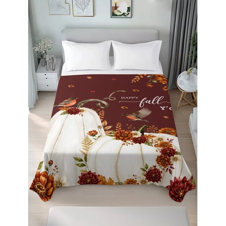 Twin XL Flat Sheet Only Happy Fall Y all Words Soft Microfiber Cooling Bedding Sheets Thanksgiving White Pumpkins Dahlia Flat Bed Sheet for Hotel Home Decor