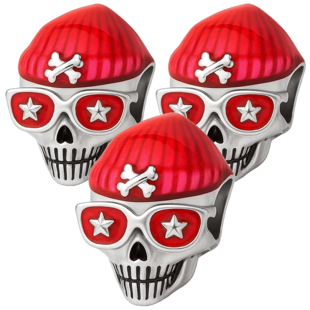 Charm chapa plata con gorro SkullCap01 3Pzas Plata S925 Chapa Separador Fijo Cráneo Gorro Plata/Rojo Caja Negra 4x4cm.