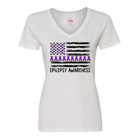 Inktastic Epilepsy Awareness Purple Ribbons and Flag Women's V-Neck T-Shirt