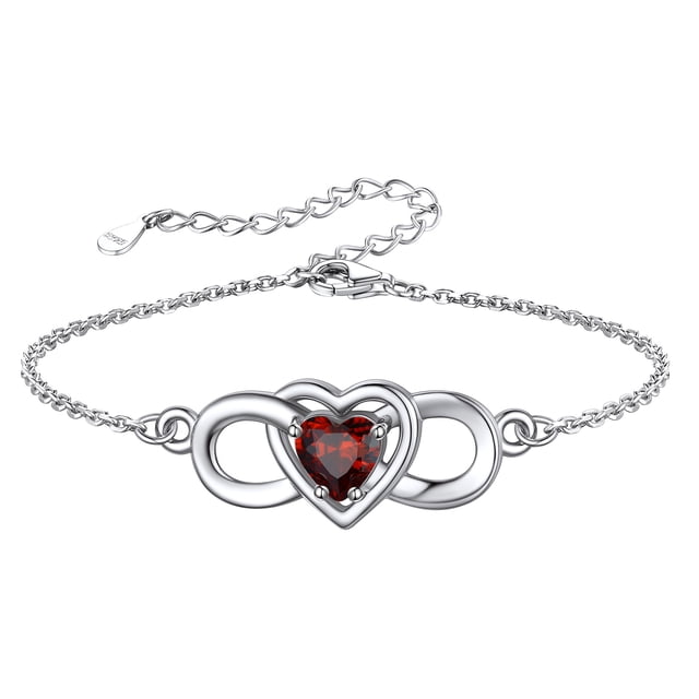 Pulsera de plata de ley Silvora mujer Corazón Infinito Granate Sintético regalo de cumpleaños enero