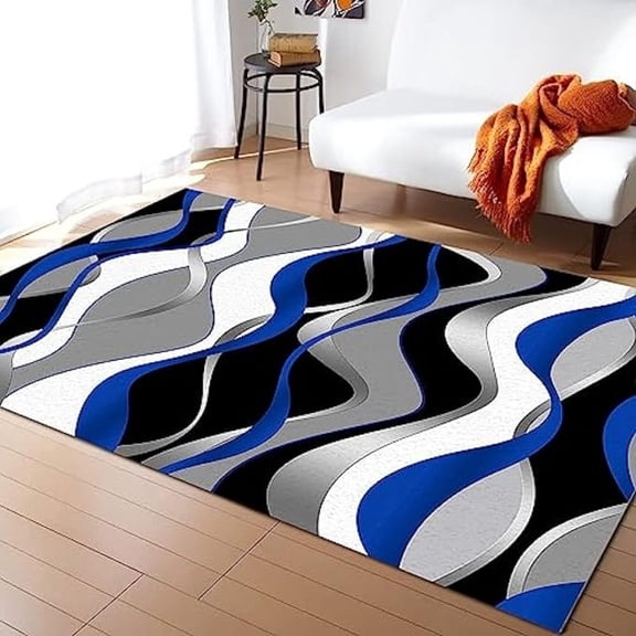 Modern Luxury Home Decor Indoor Area Rug, Abstract Blue Gray Black White Wavy Stripes Living Room Rugs, Washable Breathable Durable Carpet For Bedroom Front Entrance Floor Decor 5x7ft