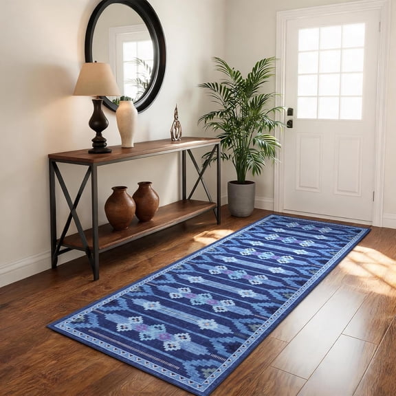 Washable Rug 2x6 Runner Rug for Bedroom Bedside, Abstract Geometric Door Mat for Kitchen, Entryway, Hallway, Non Slip Soft Machine Washable Modern Farmhouse Rugs, Blue