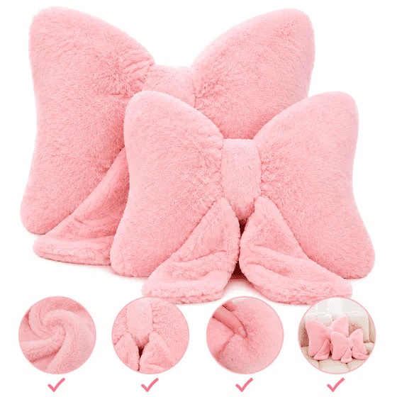 2 Pack Pink Bow Pillows, Soft Plush Bow‑Shaped Throw Pillows for Girls, Decorative Accent Cushion for Bedroom Sofa Office Chair