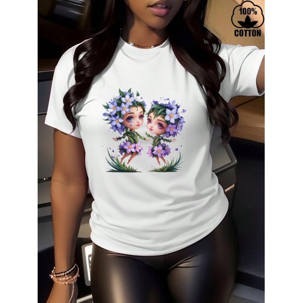 Happy Valentine'S Day Women's The Little Girl Sitting Among The Flowers Iron On Patch Transfers Ready To Press T-Shirt, Women's 220g Round Neck Casual Heavy Pure Cotton T-Shirt (1 PC)